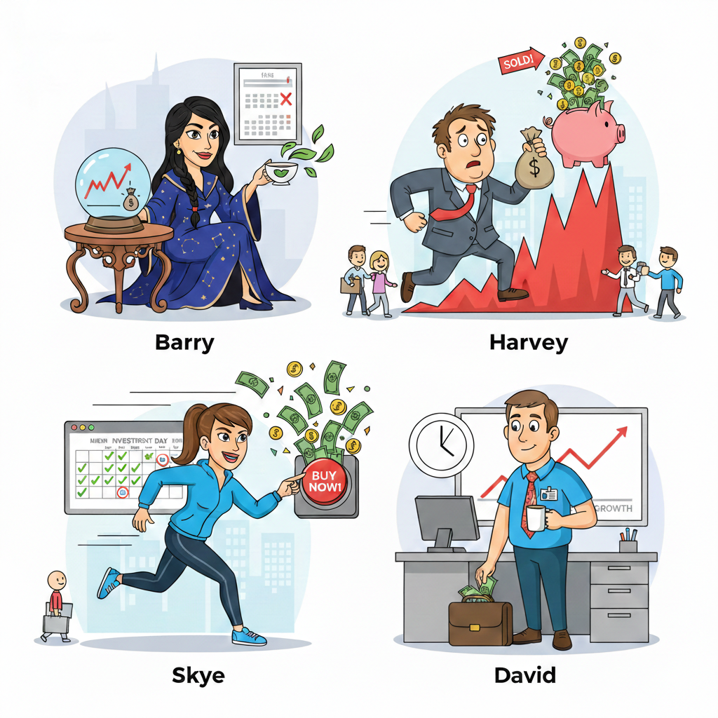 Cartoon of four investors: Barry, Harvey, Skye, and David.