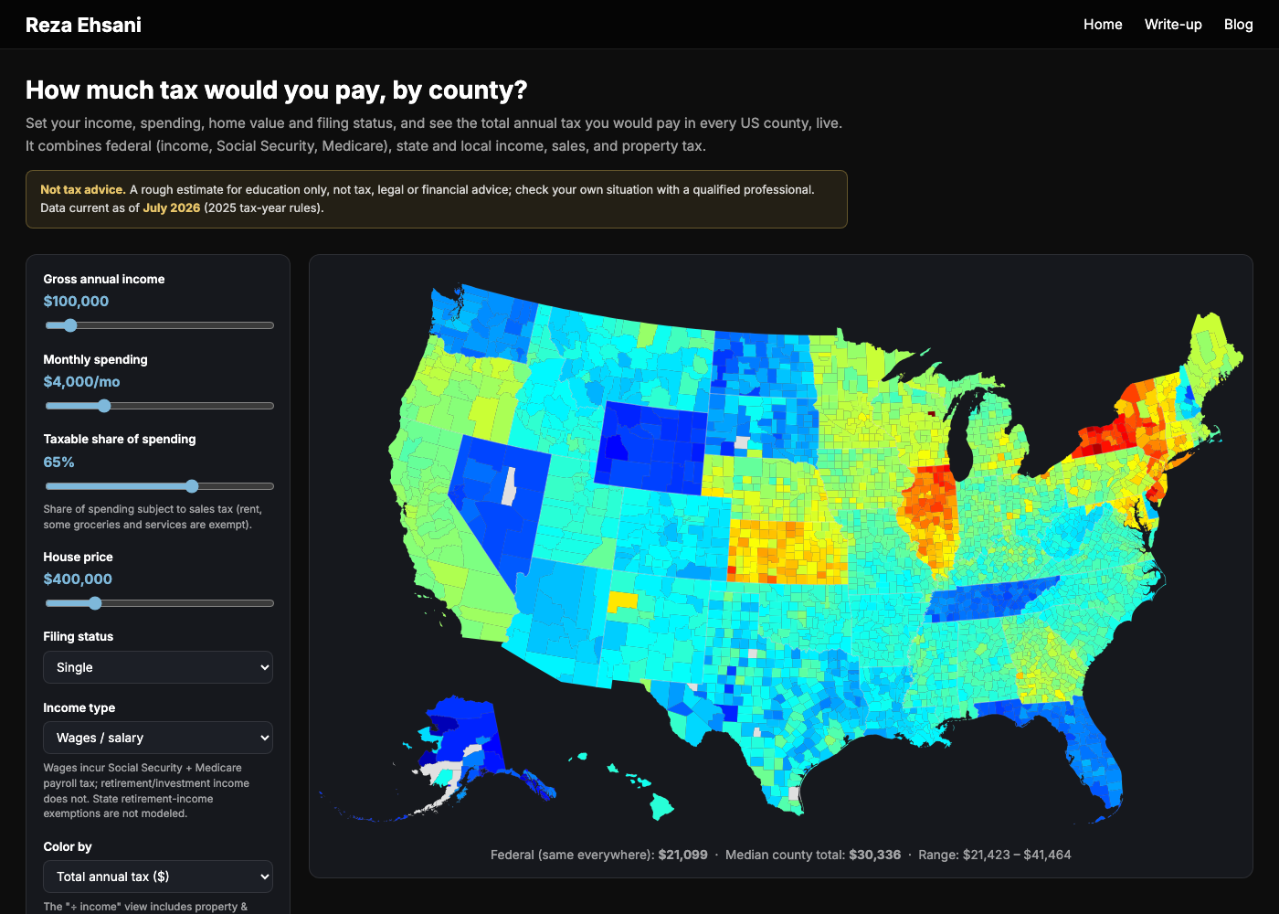 Interactive US tax map showing total annual tax by county